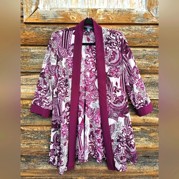 R&M Richards Tops - R&M Richard's Luxury Wine/Plum Sheer Lace Floral Open Cardigan Flowy Top Size 12